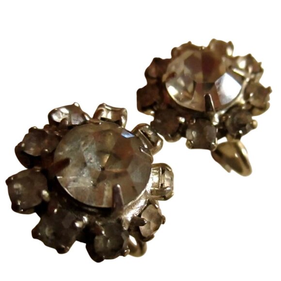 Estate Vintage Silver-Tone Rhinestone Clip-On Earrings Sparkling Floral Design - Picture 1 of 4